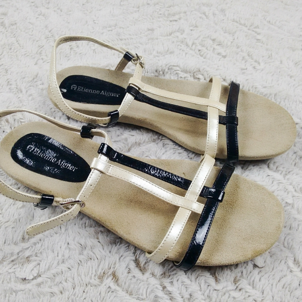 Strappy black and off-white shiny sandal flats